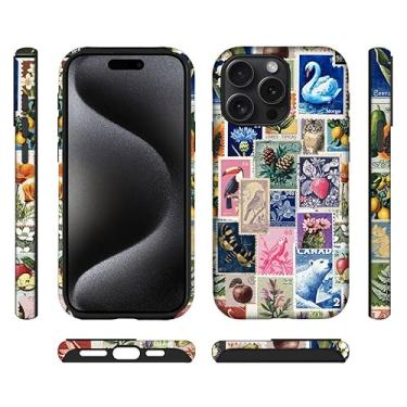 Imagem de ilikediy Capa híbrida para iPhone 15 Pro com 2 camadas rígidas de silicone com estampa protetora - colagem de carimbo retrô