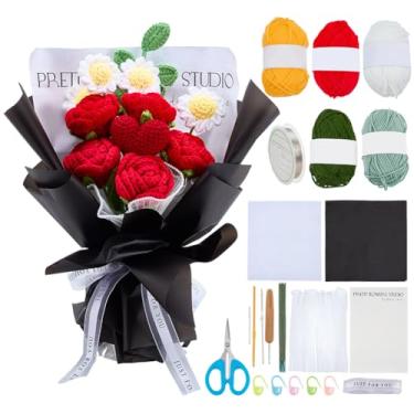 Imagem de INFUNLY Conjunto de 15 kit de buquê de flores de crochê para o dia dos namorados, rosa vermelha, kit de flores de crochê para iniciantes, buquê de tricô artificial de girassol branco com tutorial