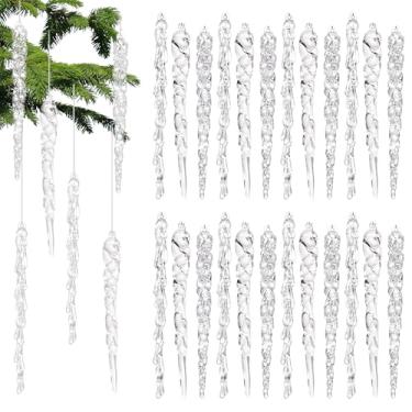 Imagem de 24 peças de enfeites de gelo para árvore de Natal, enfeites de Natal de gelo de plástico transparente, enfeite de gelo de cristal acrílico para pendurar para decorações de festa de Natal, casamento