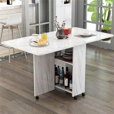 Imagem de HYUIO Pace Saving Mesa de jantar dobrável com 6 rodas e 2 prateleiras de armazenamento abertas, mesa de gateleg branca para trabalho, estudo e jantar