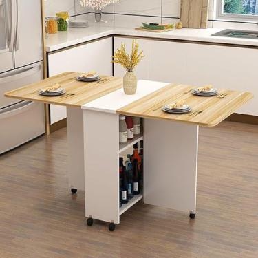Imagem de HYUIO Mesa de jantar dobrável com 6 rodas, design de folha de gota, extensível e versátil, 2 prateleiras de armazenamento abertas, mesa de gateleg para trabalho, estudo e economia de espaço de jantar