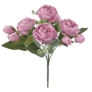 Imagem de Simulação de flores de peônia artificiais, buquês de casamento de rosas florais falsas, flores de seda, buquê amarrado à mão, guirlanda rosa branca para decoração de flores artificiais (Cor: Vermelho
