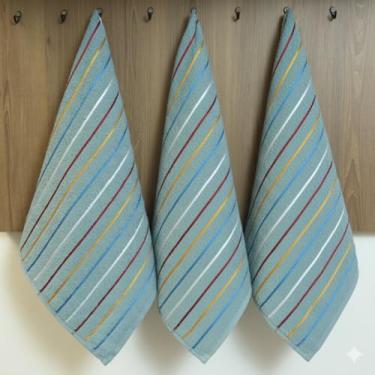 Imagem de Kit Pano de Prato Atoalhado 3 Peças, 100% Algodão, 70x45cm, Listrado Colorido, Felpudo, Alta Absorção para Cozinha, Pano de Copa, Toalha de Cozinha (Azul)