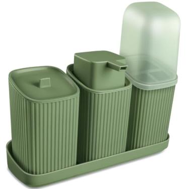 Imagem de Kit 3 Acessórios para Banheiro com Bandeja – Dispenser Sabonete Líquido 400ml, Porta Algodão e Porta Escovas | Organização e Decoração Moderna(Verde Menta)