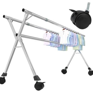 Imagem de SNOWNYLL Escorredor de roupas, arejador de roupas, rack de roupas de aço inoxidável ajustável e dobrável, suporte de secagem de roupas de comprimento e altura ajustáveis com rodas