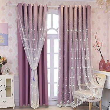Imagem de Cortina blecaute de camada dupla bege, rosa - sobreposição de tule, blackout e voile renda branca bordada painel de cortina de sombreamento sólido em camadas, sala de estar/economia de energia