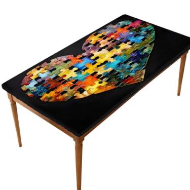 Imagem de hongjinglin Toalha de mesa retangular de 1,8 m elástica ajustada amor autismo colorida capa de mesa retangular elástica capa de mesa protetora de mesa lavável à prova d'água para piquenique, jantar