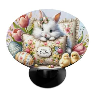 Imagem de hongjinglin Toalha de mesa redonda com borda elástica de Páscoa, toalha de mesa redonda limpável para ambientes internos e externos, pátio, jantar, cozinha, festival, decoração para mesas de 114 a 127