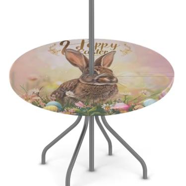 Imagem de hongjinglin Toalha de mesa de Páscoa para uso ao ar livre com orifício para guarda-chuva, toalha de mesa redonda elástica com zíper, impermeável, limpável, para piquenique, festa, pátio, serve para
