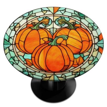 Imagem de hongjinglin Toalha de mesa redonda com borda elástica de vidro de abóbora, toalha de mesa redonda para decoração de cozinha de 114 a 127 cm