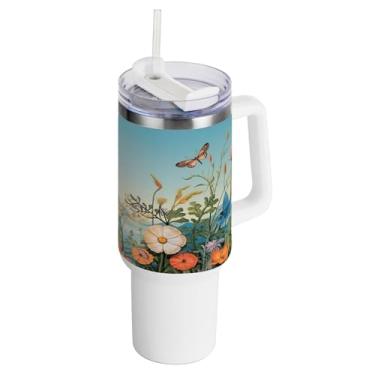 Imagem de xigua Copo vintage de flores silvestres de 1,134 g com alça e canudo, aço inoxidável duplo isolado a vácuo garrafa de água suporte de copo de garrafa de água amigável à prova de vazamento copo de