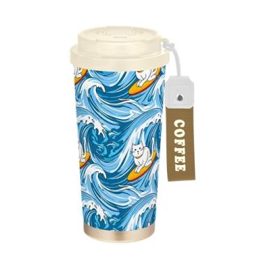 Imagem de SEHANY Caneca de viagem de gato gatinho fofo de 482 g xícaras de café reutilizáveis revestidas de cerâmica com tampa à prova de vazamento, parede dupla, isolamento a vácuo, copo de café de aço