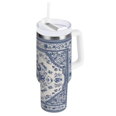 Imagem de Blueangle Copo isolado de 850 g com alça e tampa de canudo - Caneca de viagem de aço inoxidável à prova de vazamento, garrafa de água de parede dupla estilo porcelana azul e branca (771)