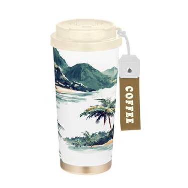 Imagem de SEHANY Caneca de viagem com palmeira de verão, 482 g, copos de café reutilizáveis revestidos de cerâmica com tampa à prova de vazamento, parede dupla, isolamento a vácuo, copo de café de aço