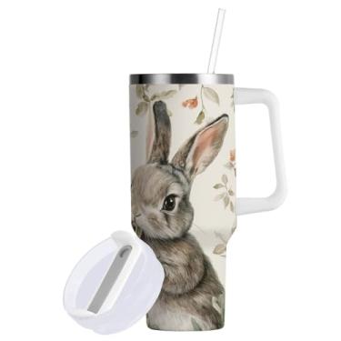 Imagem de Blueangle Copo de coelho da Páscoa de 850 g com alça e tampa de palha, copo isolado reutilizável de aço inoxidável garrafa de água caneca de viagem (441)