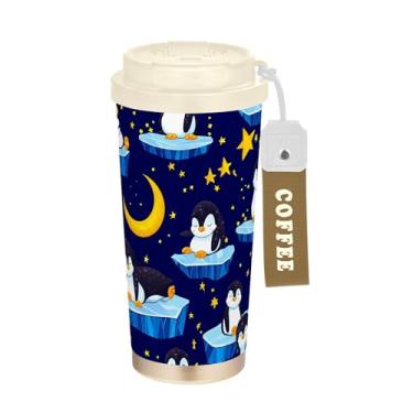 Imagem de SEHANY Caneca de viagem de pinguim fofa de 482 g Copos de café reutilizáveis revestidos de cerâmica com tampa à prova de vazamento, parede dupla, isolamento a vácuo, copo de café de aço inoxidável