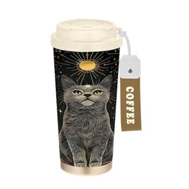 Imagem de SEHANY Caneca de viagem de gato gatinho fofo de 482 g xícaras de café reutilizáveis revestidas de cerâmica com tampa à prova de vazamento, parede dupla, isolamento a vácuo, copo de café de aço