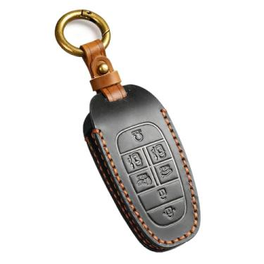 Imagem de Capa para chaveiro Hyundai com chaveiro, couro legítimo, porta-chaves de carro, suporte para chaves Hyundai Sonata Santa fe Tucson Smart Remote Key Protector 7 botões (preto)