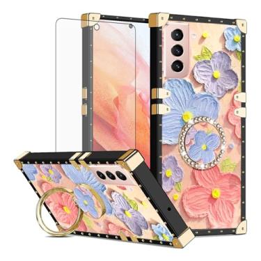 Imagem de Asuwish Capa de celular para Samsung Galaxy S21 Plus S21+ 5G capa magnética com protetor de tela de vidro temperado e anel de flor de pintura suporte rígido S21+5G S21plus 21S + S 21 21+ G5 mulheres