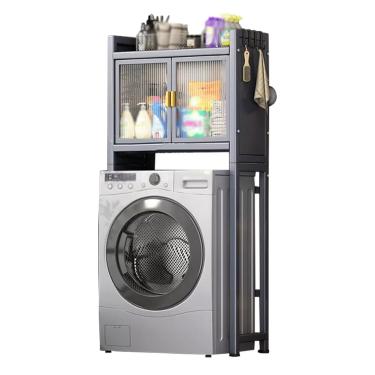 Imagem de SPXMQSS Unidade de armazenamento para máquina de lavar, armazenamento sobre vaso sanitário com porta, economia de espaço de banheiro independente com prateleira ajustável prateleira de armazenamento