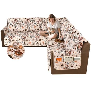 Imagem de ALIECOM Capas de sofá para sofá secional 10% à prova d'água, em forma de L, capa de sofá seccional de canto, lavável, impressa, protetor para animais de estimação com bolso (bege boho, GG)