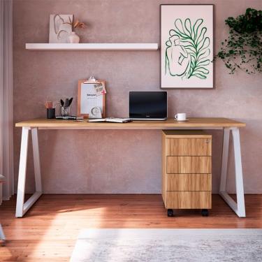 Imagem de Escrivaninha Retangular com Gaveteiro 4 Gavetas Concept Nogal e Branca 160 cm