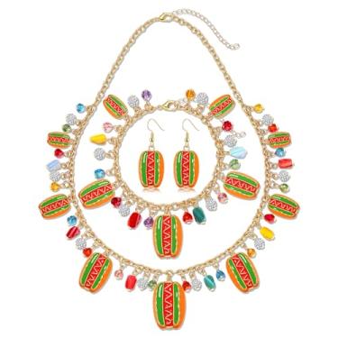 Imagem de HEIDKRUEGER Colar Hotdog pingente brincos conjunto de pulseira bonito engraçado barra de pão pingente colar cesta comida cachorro quente festa de aniversário joias presentes para mulheres, 18inch