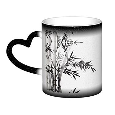 Imagem de Caneca de café divertida de caligrafia chinesa com imagem de árvore de bambu, xícara de cerâmica mágica sensível ao calor que muda de cor, 12 onças, para café/chá/leite/cacau, para adolescente