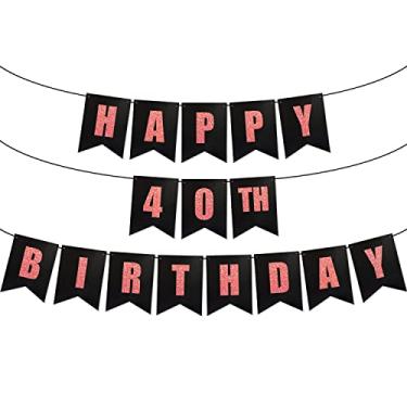 Imagem de PartyForever Happy 40th Birthday Party Decorações Banner For Women Black Cardstock with Rose Gold Glitter Letters Sign for Her