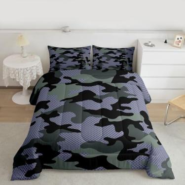 Imagem de jejeloiu Conjunto de edredom de camuflagem, tamanho casal, camuflado, para crianças, meninos, meninas, estilo militar, edredom verde grama, decoração de quarto, 3 peças com 2 fronhas