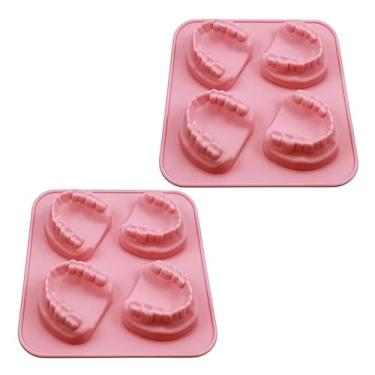 Imagem de 2 peças de 4 furos dentadura em forma de dentes molde de silicone bandeja de gelo faça você mesmo sorvete engraçado presente para dentistas idosos moldes de bandeja de gelo