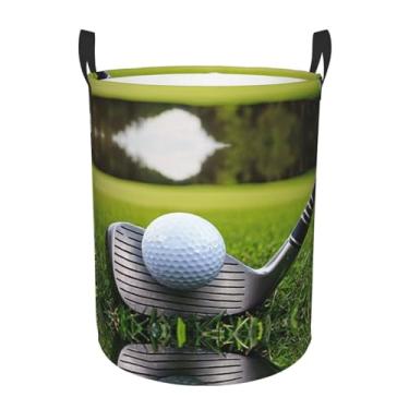 Imagem de Taco de golfe – Cesta de lavanderia redonda estampada – cesto de tecido de camada única com alças, Oxford resistente à água para organização de quarto e banheiro. Pequeno