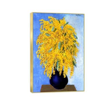Imagem de BMZFYBS Pintura de arte de parede de flores - Imagem de decoração vintage - Vaso de Mimosas - Impressões em tela moldura dourada para sala de estar 70 x 105 cm 27 x 41 pol