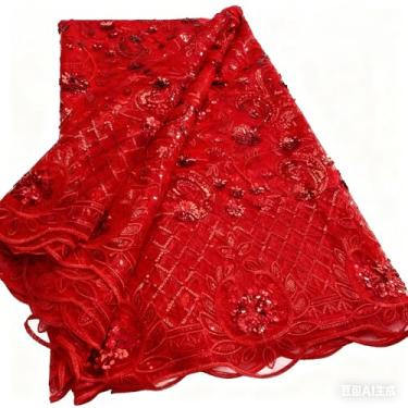 Imagem de Gdsshuhung Tecido de renda africana com lantejoulas 3D e crochê, 5 jardas de tule francês tecido bordado para vestido de casamento, vestido de festa, projetos de costura do dia a dia (vermelho)