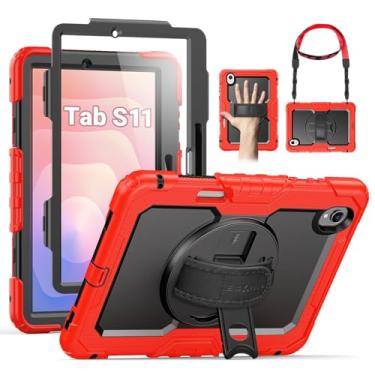 Imagem de SEYMAC Capa para Samsung Galaxy Tab S11 5G 2025 11 polegadas, capa protetora resistente à prova de choque com protetor de tela, suporte giratório, alça de mão/ombro e suporte para caneta, vermelha