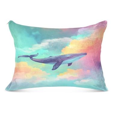 Imagem de Burbuja Fronha Baleia Flutuando no Céu Tamanho Padrão 50 x 66 cm, Capa de Almofada de Pelúcia Ultra Macia e Confortável com Zíper para Pele do Cabelo