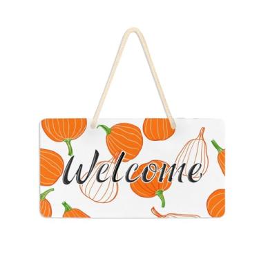 Imagem de Burbuja Placa de boas-vindas Orange Pumpkins para porta da frente, placa de boas-vindas de PVC para decoração de férias, 15 x 28 cm