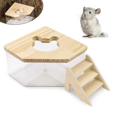 Imagem de ASTIMESA Recipiente de banho de areia de hamster de plástico com escada, caixa de areia transparente para hamster capa de madeira para chinchila animal de estimação gerbil porquinho-da-índia cavar