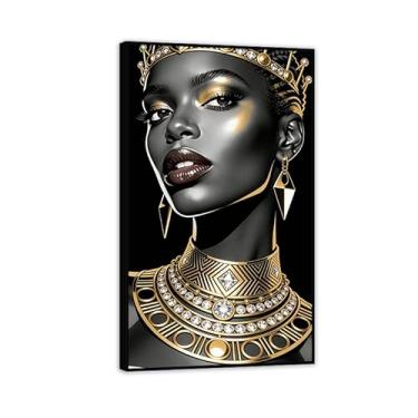 Imagem de SDYJ6GSW Decoração de parede de arte africana preta e dourada pintura de retrato feminino elegante arte de parede afro-americana para decoração de casa sala de estar quarto 30 x 52 cm (12 x 21 pol