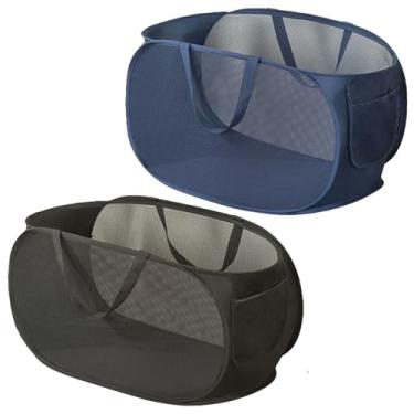 Imagem de Rubruan Cesta de roupa suja de malha pop-up de 2 peças, alças duráveis, cestas de lavanderia dobráveis para roupas dobráveis para lavanderia, dormitório universitário (preto/azul marinho)