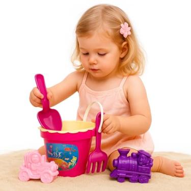 Imagem de Balde de Praia Infantil Menina com Acessórios e Forminhas Baldinho com Pá, Brinquedo de Areia para Crianças