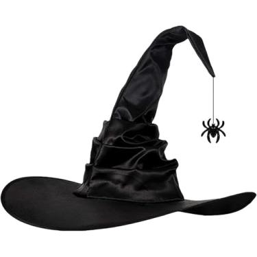 Imagem de WXOIEOD Witch Hat with Spider Decorations, Halloween Wicked Witches Hat Black Wide Brim Pleated Spider Cap for Women Kids Adults Party Cosplay Fancy Dress Costume Accessory (A)
