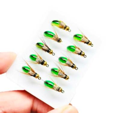 Imagem de Qievcrme 10 peças Isca de moscas molhadas para pesca com mosca para robalo, truta lúcio, salmão, cabeça de latão, caddis, ninfa, isca de pesca feita à mão, para insetos, artificial (verde)