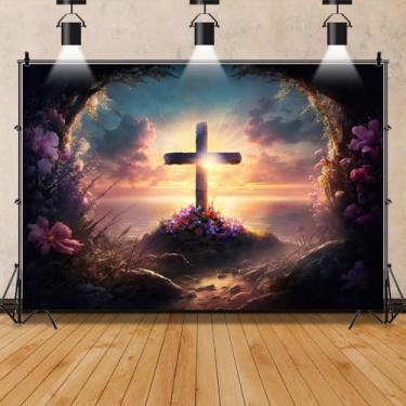 Imagem de ChloropLastid 6 x 3 m, Cristo, cruz, ressurreição de Jesus, pano de fundo, nascer do sol, montanha, túmulo, caverna, floral, páscoa, fundo fotográfico, crucificação, sepulcro, oração, crença religiosa