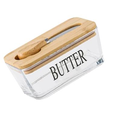Imagem de Aqur2020 Prato de Manteiga de Vidro Transparente, Recipiente Hermético de Manteiga e Queijo de 500ml Com Cortador de Aço Inoxidável, Tampa Funciona como Tábua de Corte, Armazenamento de (Cor Madeira