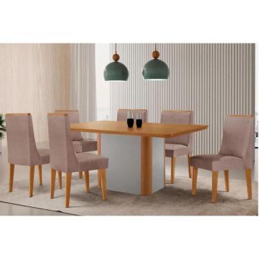 Imagem de Sala Jantar Mesa Pietá Tampo Curvo 180cm+6 Cadeiras Dakota Madeira Naturale/Off White - Capuccino/Linho Capuccino - Rufato