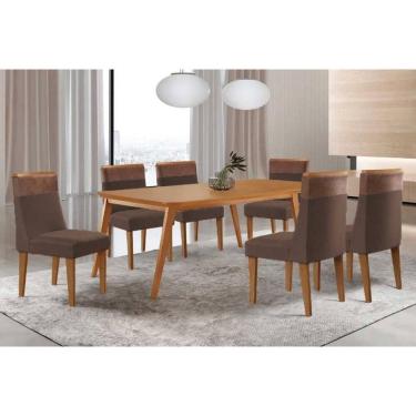 Imagem de Sala Jantar Mesa Havana Tampo Curvo 180cm+6 Cadeiras Jaspe Madeira Naturale - Capuccino/Suede Marrom - Rufato