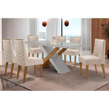 Imagem de Sala Jantar Mesa Imperatriz Tampo c/ Vidro Curvo 180cm+6 Cadeiras Dafne Madeira Naturale/Off White - Capuccino/Suede Creme - Rufato