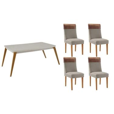 Imagem de Sala Jantar Mesa Havana Tampo c/ Vidro Curvo 120cm+4 Cadeiras Jaspe Madeira Naturale/Off White - Capuccino/Suede Capuccino - Rufato