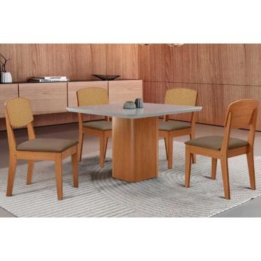 Imagem de Sala Jantar Mesa Maldivas Tampo c/ Vidro Curvo 90cm+4 Cadeiras Havana Naturale/Off White - Suede Capuccino - Rufato